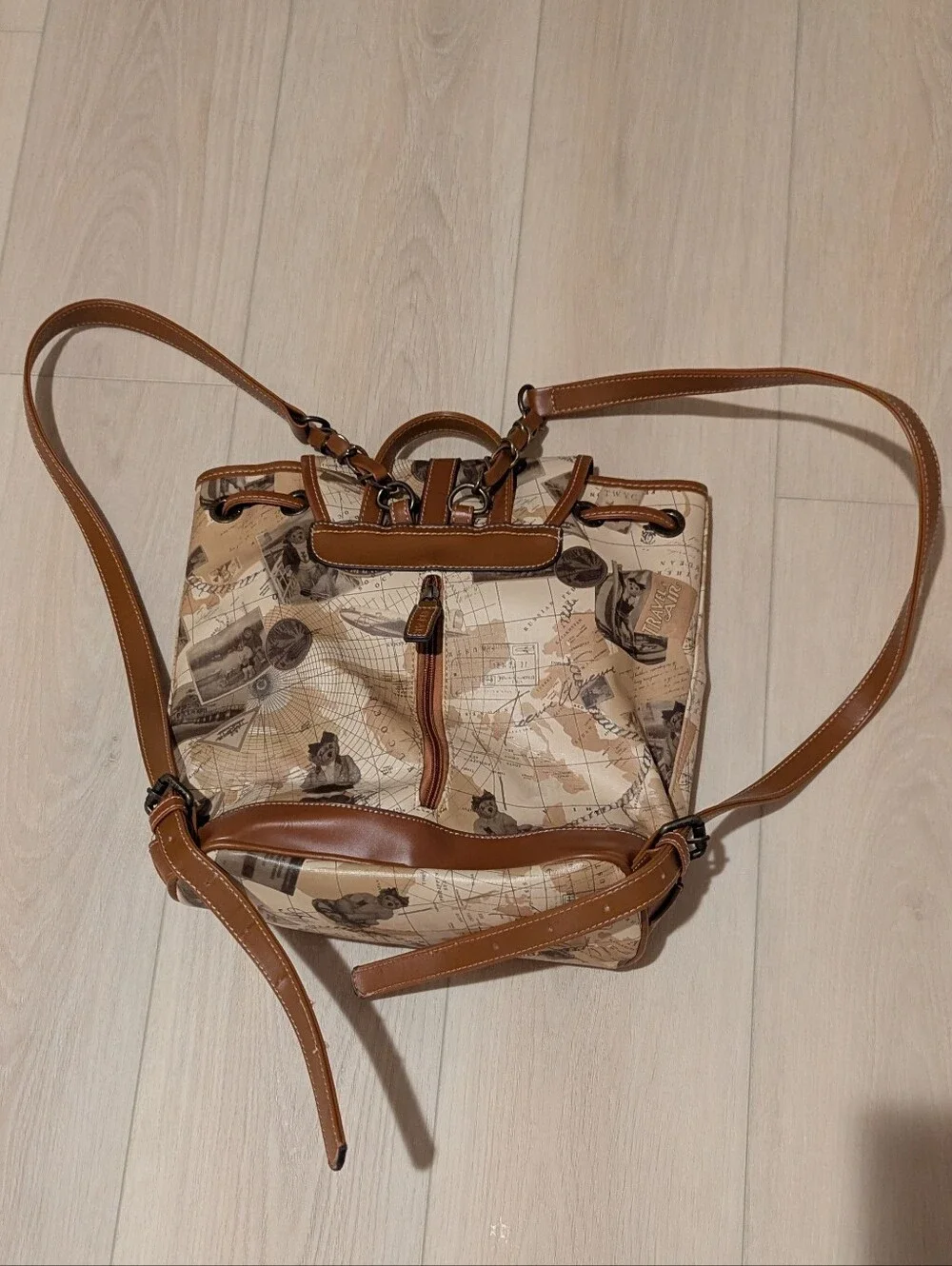 Canvas Map And Bear Print Mini Backpack with Brown Trim